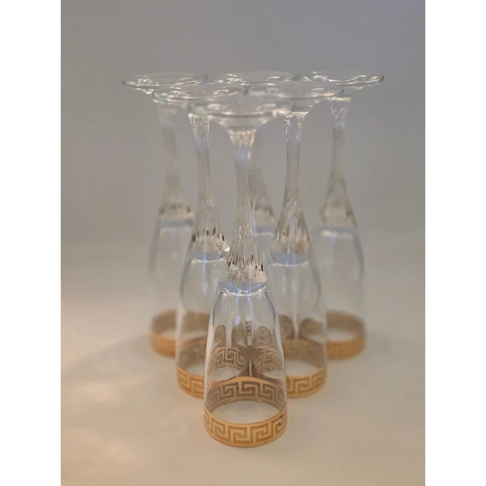 Vintage Greek Key Gold Rim Champagne Flutes Swirl‎ Stem Set of 6 8.75 Inch